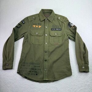 Top Gun Shirt Mens Medium Green Military Style Aviation Patches Twill‎ Button Up